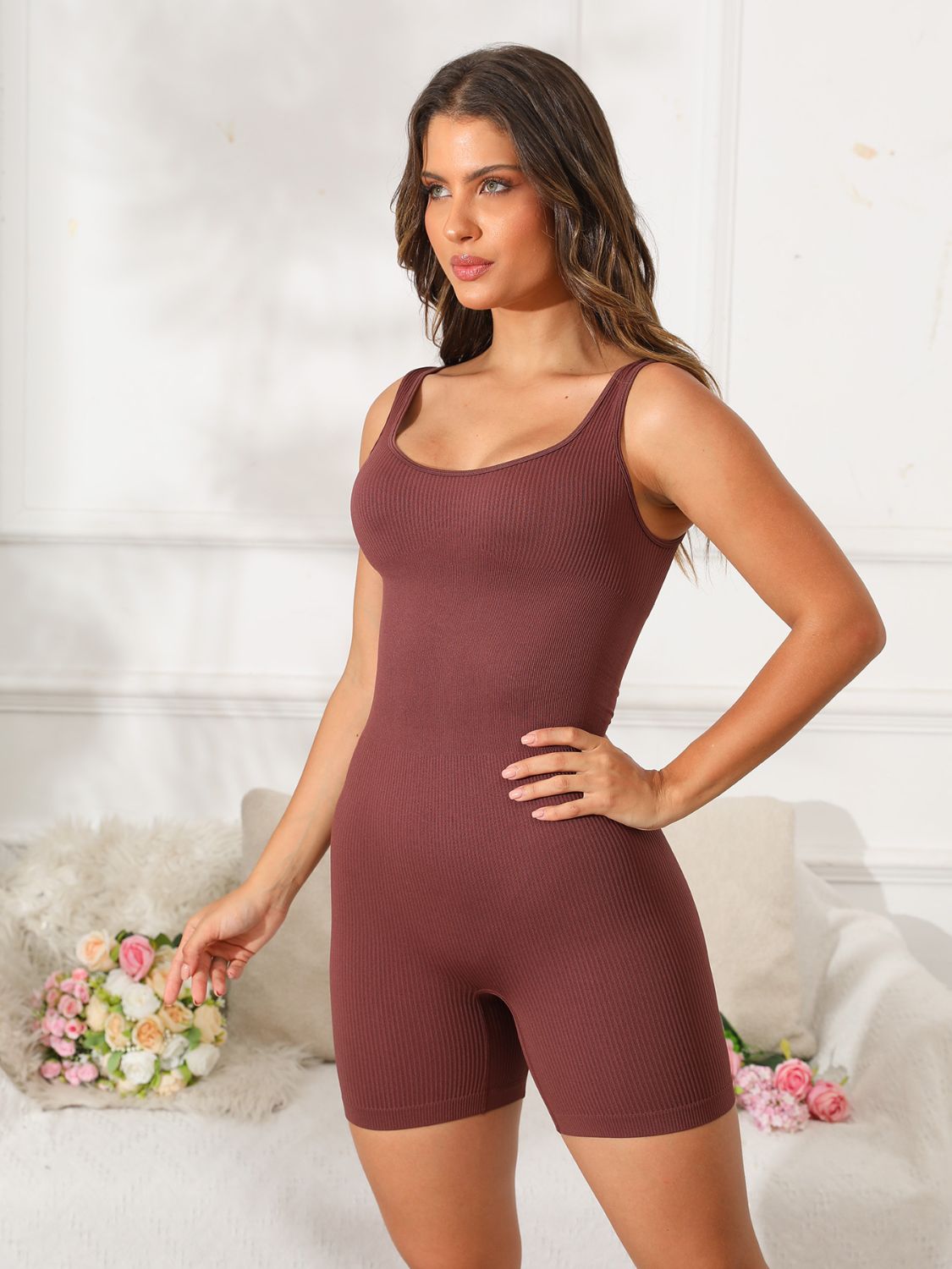 Scoop Neck Wide Strap Active Romper Sunset and Swim Dark Brown S 