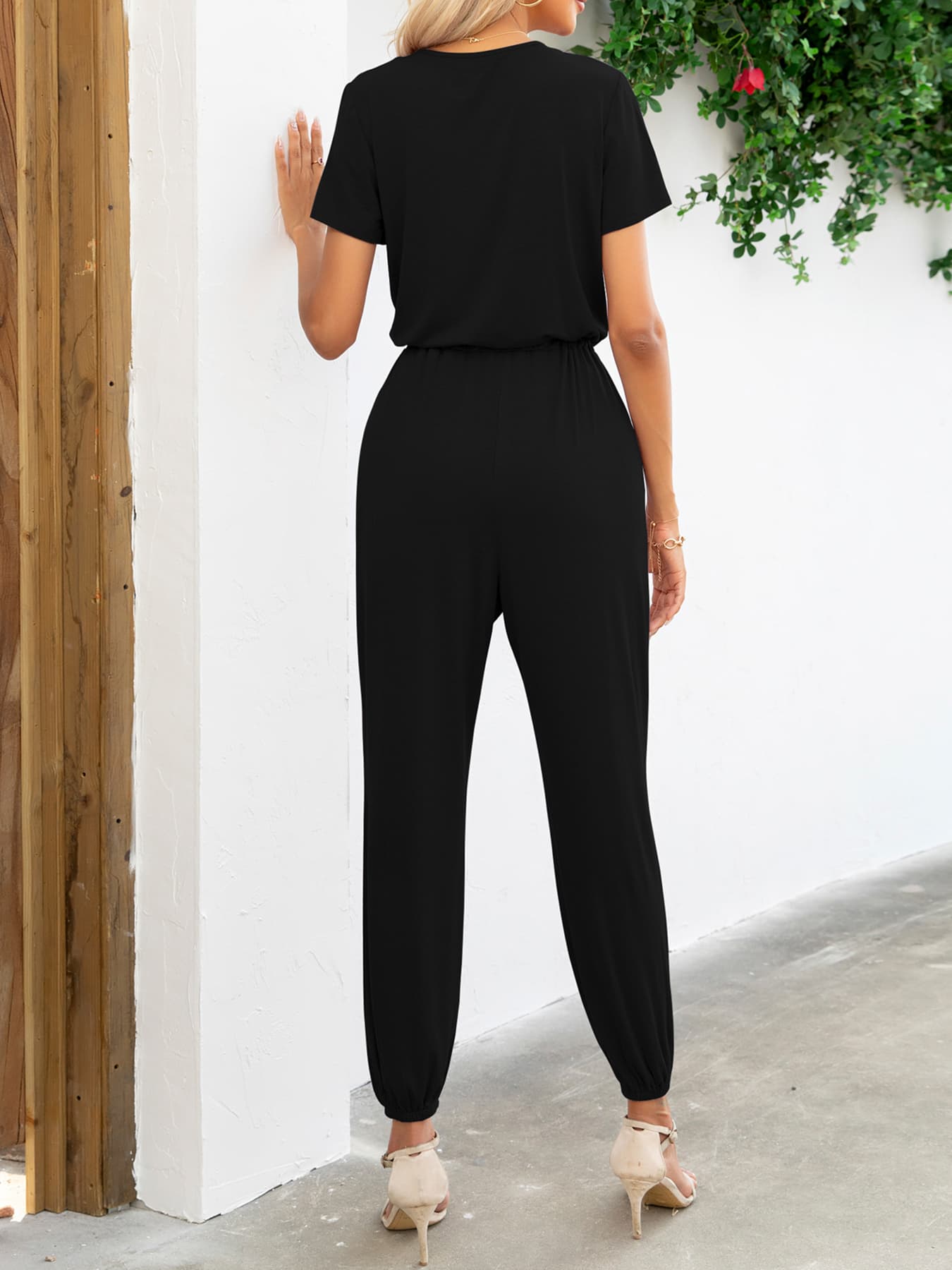 Short Sleeve V-Neck Jumpsuit with Pockets Sunset and Swim   