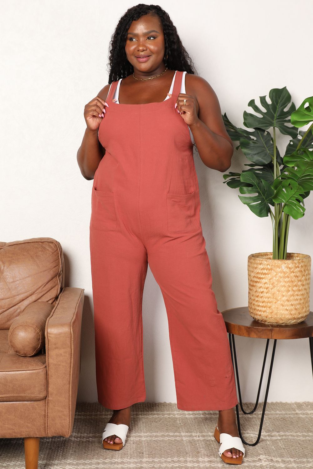 Wide Leg Overalls with Front Pockets Sunset and Swim Red Orange S 