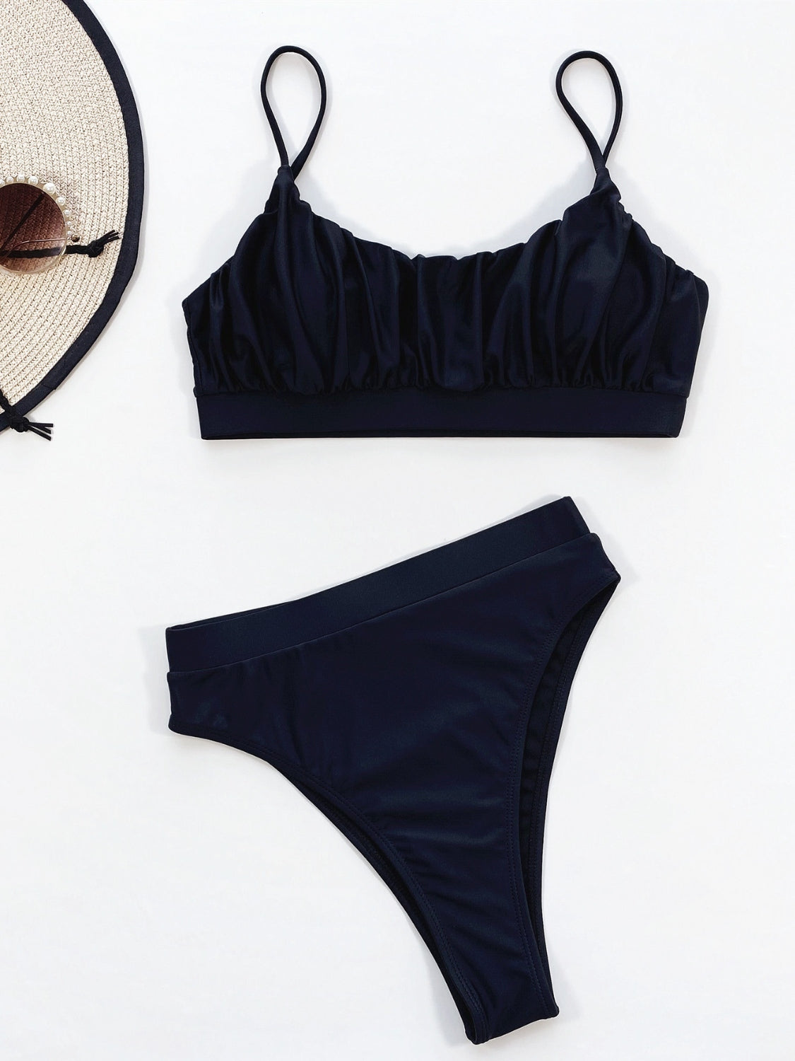 Sunset Vacation  Adjustable Strap Ruched Two-Piece Swim Set Sunset and Swim Black S 