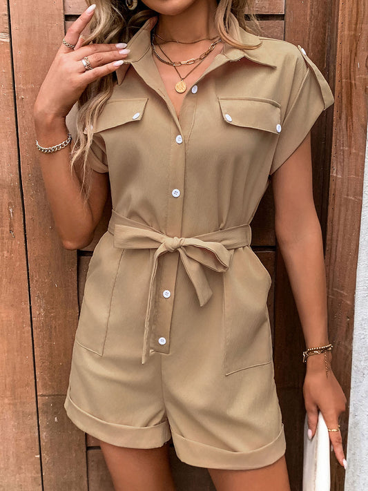 Collared Neck Tie Waist Romper with Pockets  Sunset and Swim Camel S 