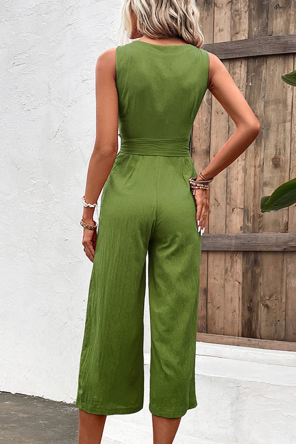 Tie Belt Sleeveless Jumpsuit with Pockets Sunset and Swim   
