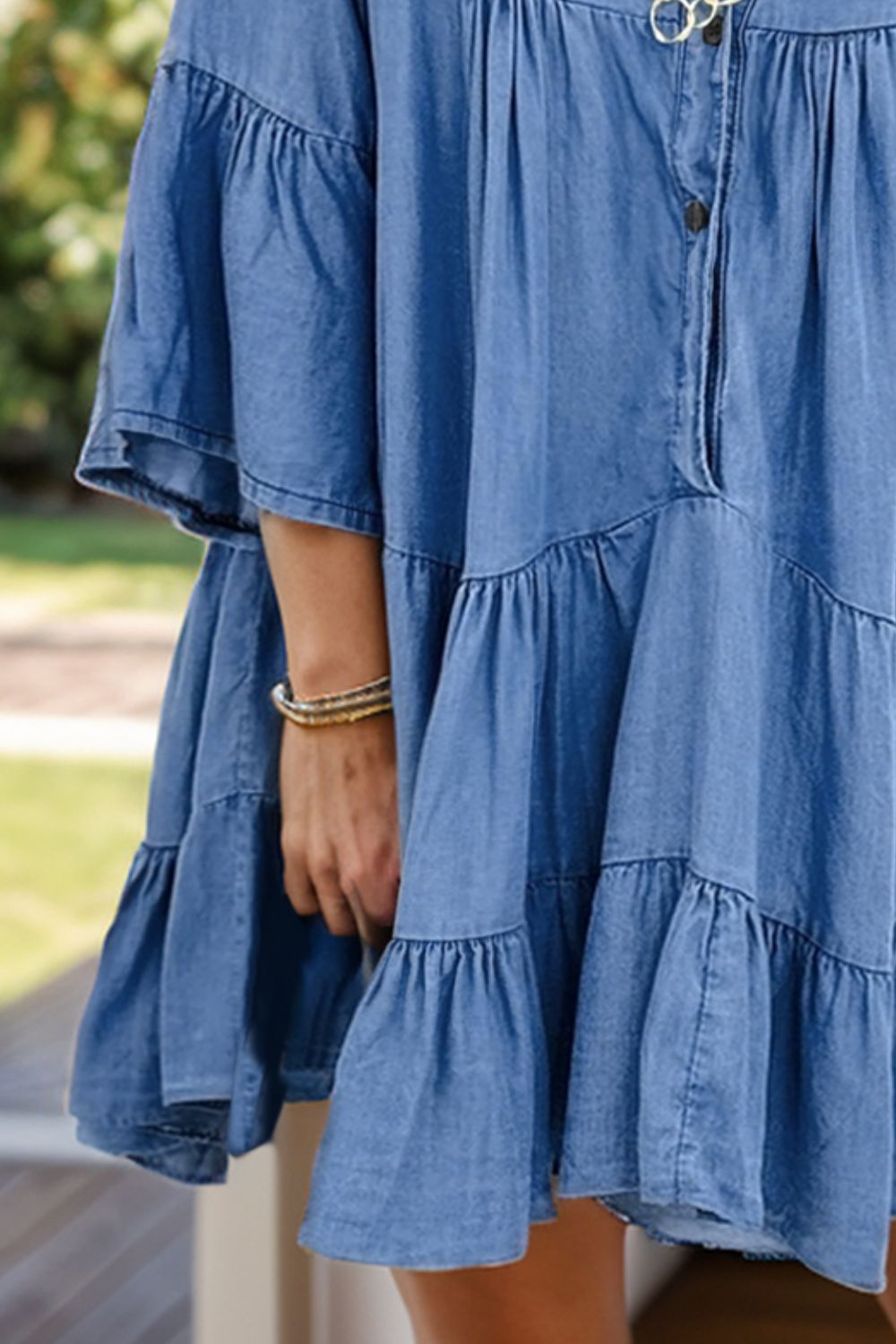 Notched Flare Sleeve Denim Dress Sunset and Swim   