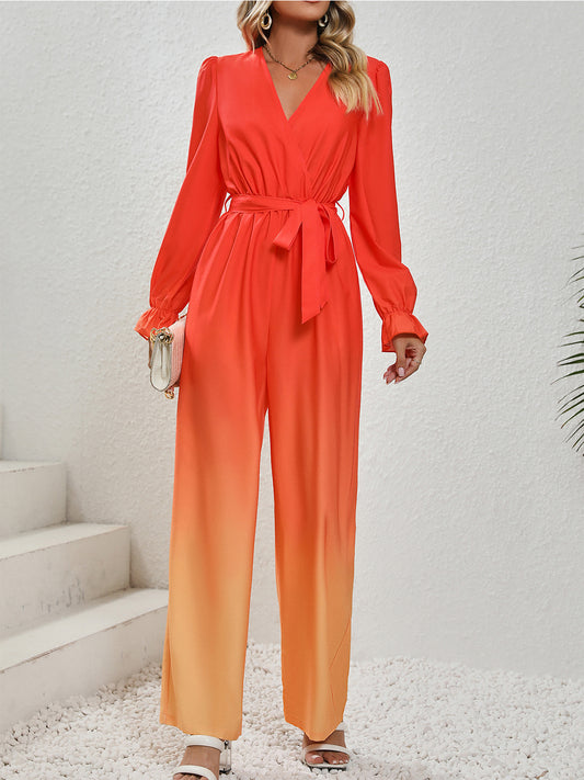 Gradient Tie Front Flounce Sleeve Jumpsuit  Sunset and Swim Red S 