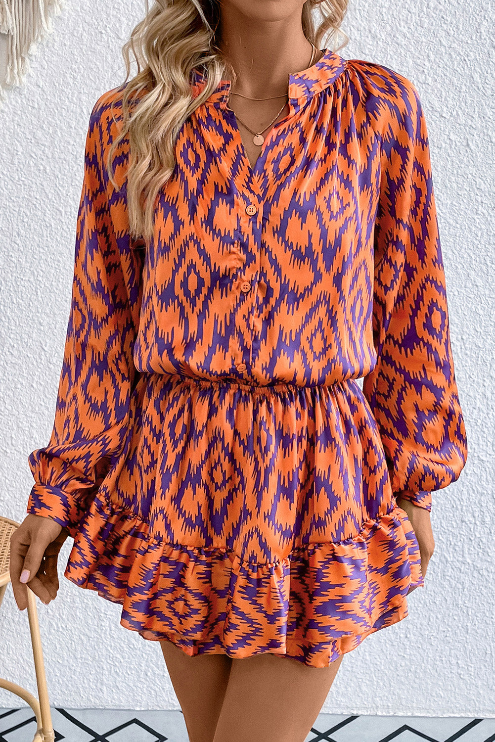 Geometric Notched Neck Romper Sunset and Swim Orange S 