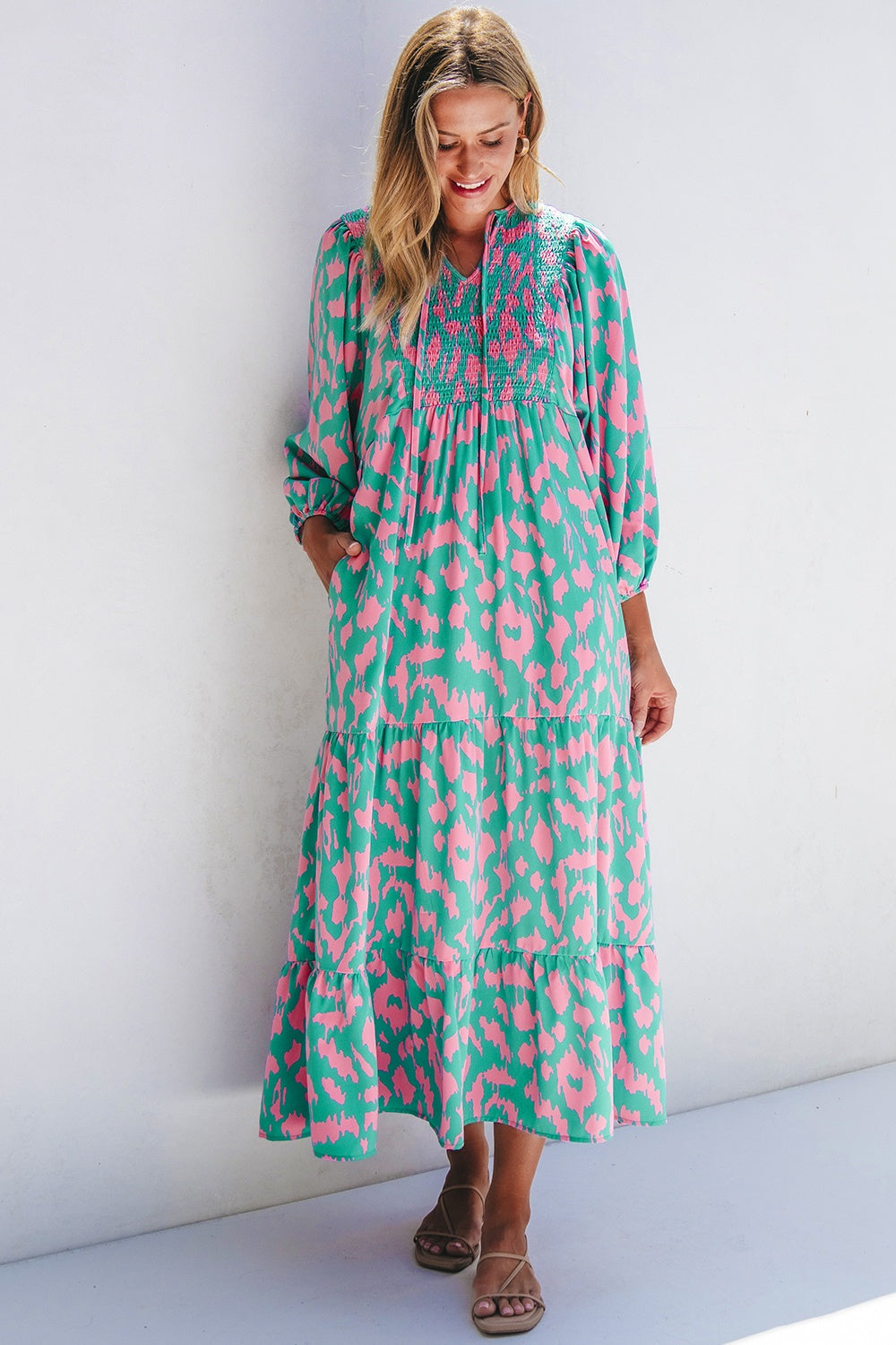 Smocked Printed Tie Neck Long Sleeve Dress Sunset and Swim   