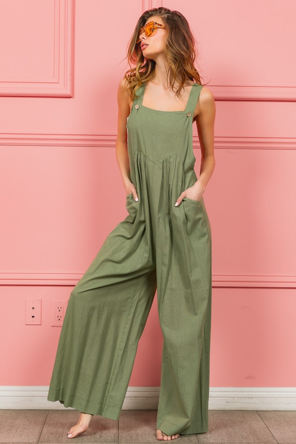 BiBi Ruched Wide Leg Overalls with Pockets Sunset and Swim   