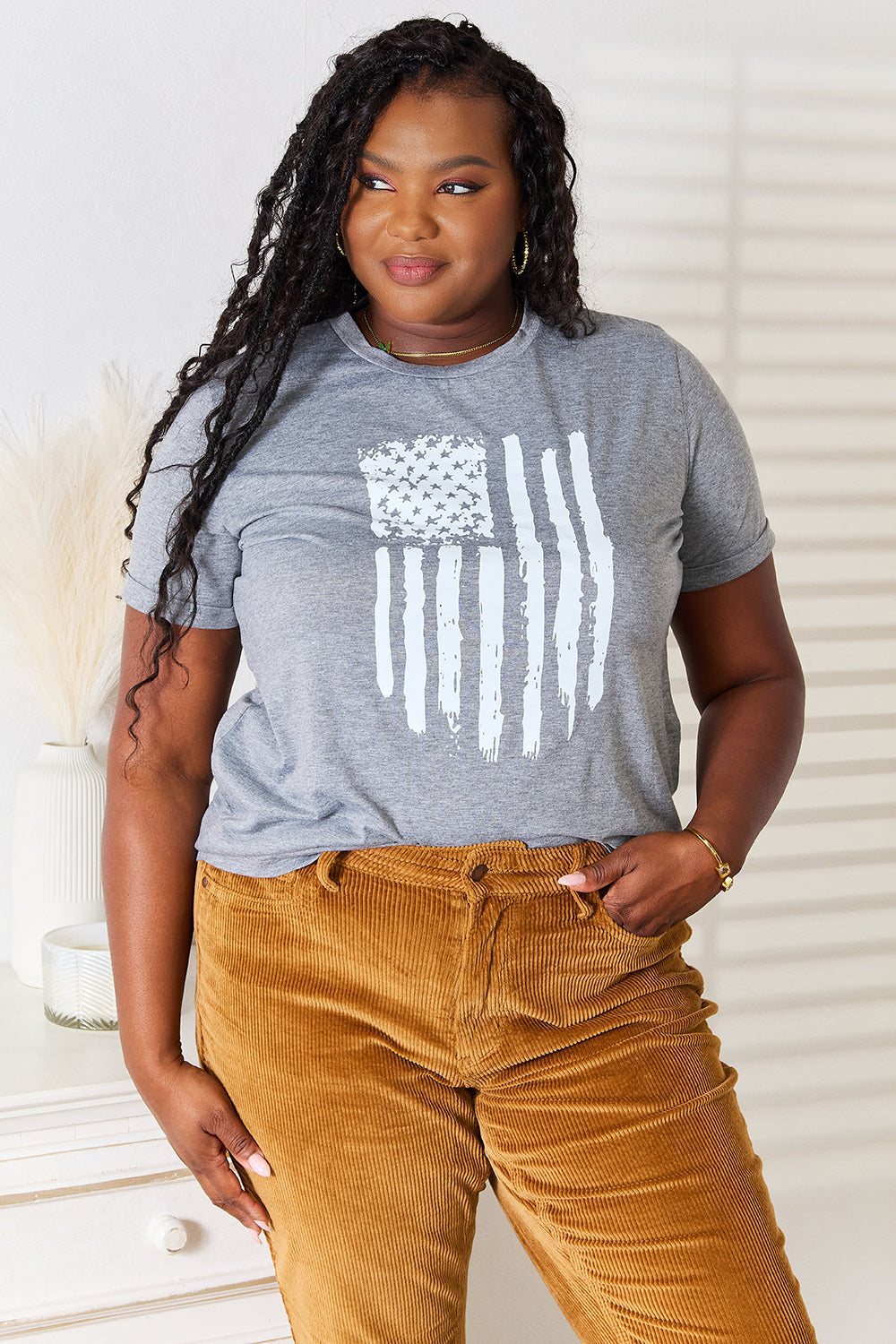 Simply Love US Flag Graphic Cuffed Sleeve T-Shirt Sunset and Swim   