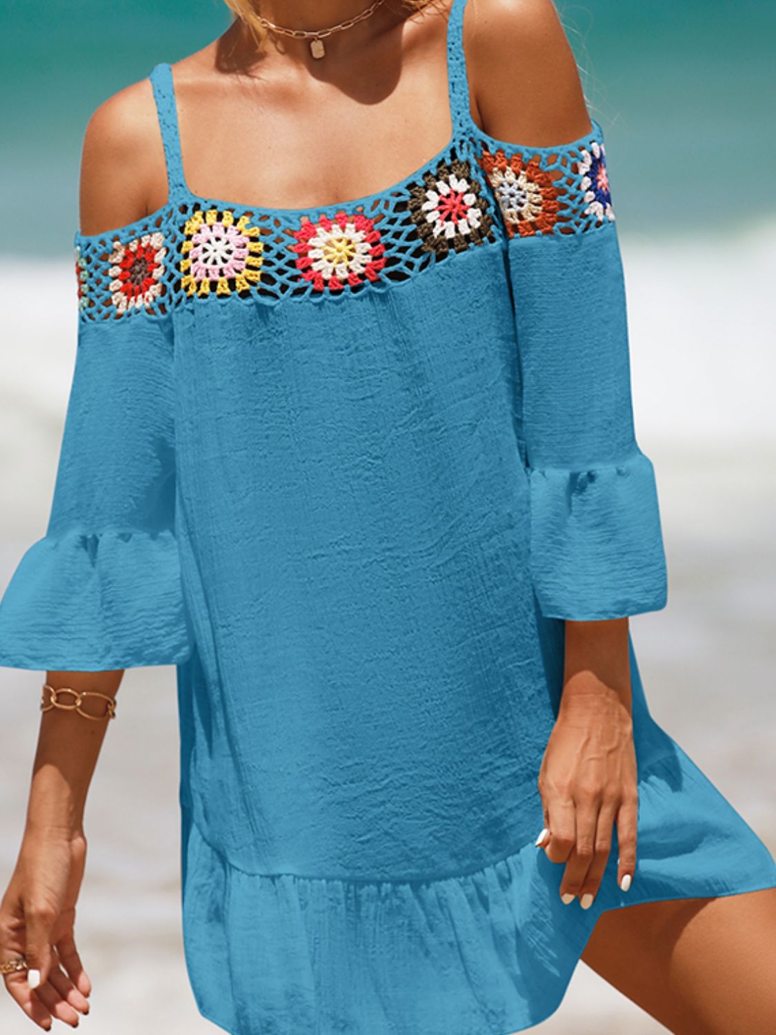 Sunset Vacation  Crochet Cold Shoulder Three-Quarter Sleeve Beach Cover Up Sunset and Swim   