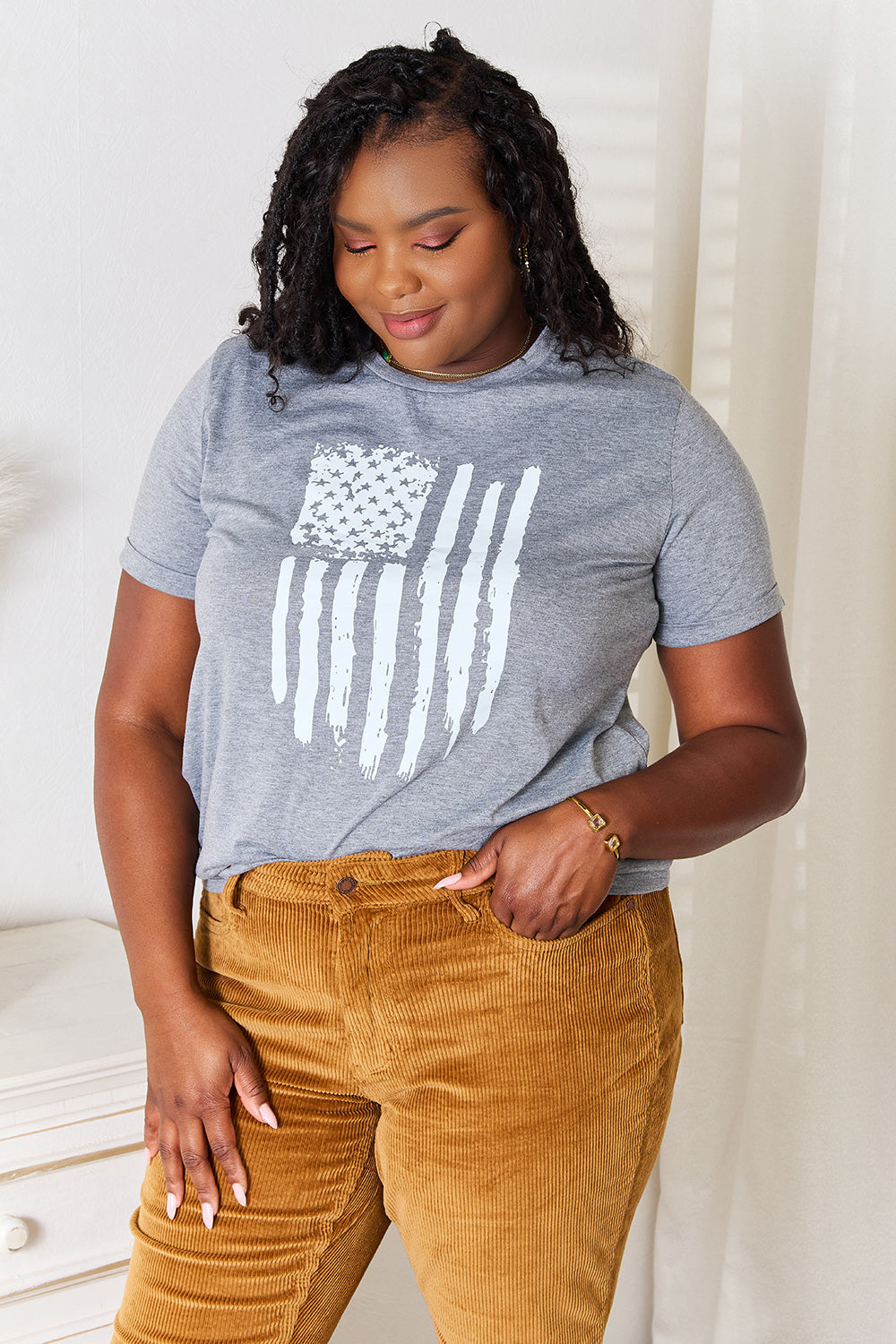 Simply Love US Flag Graphic Cuffed Sleeve T-Shirt Sunset and Swim   