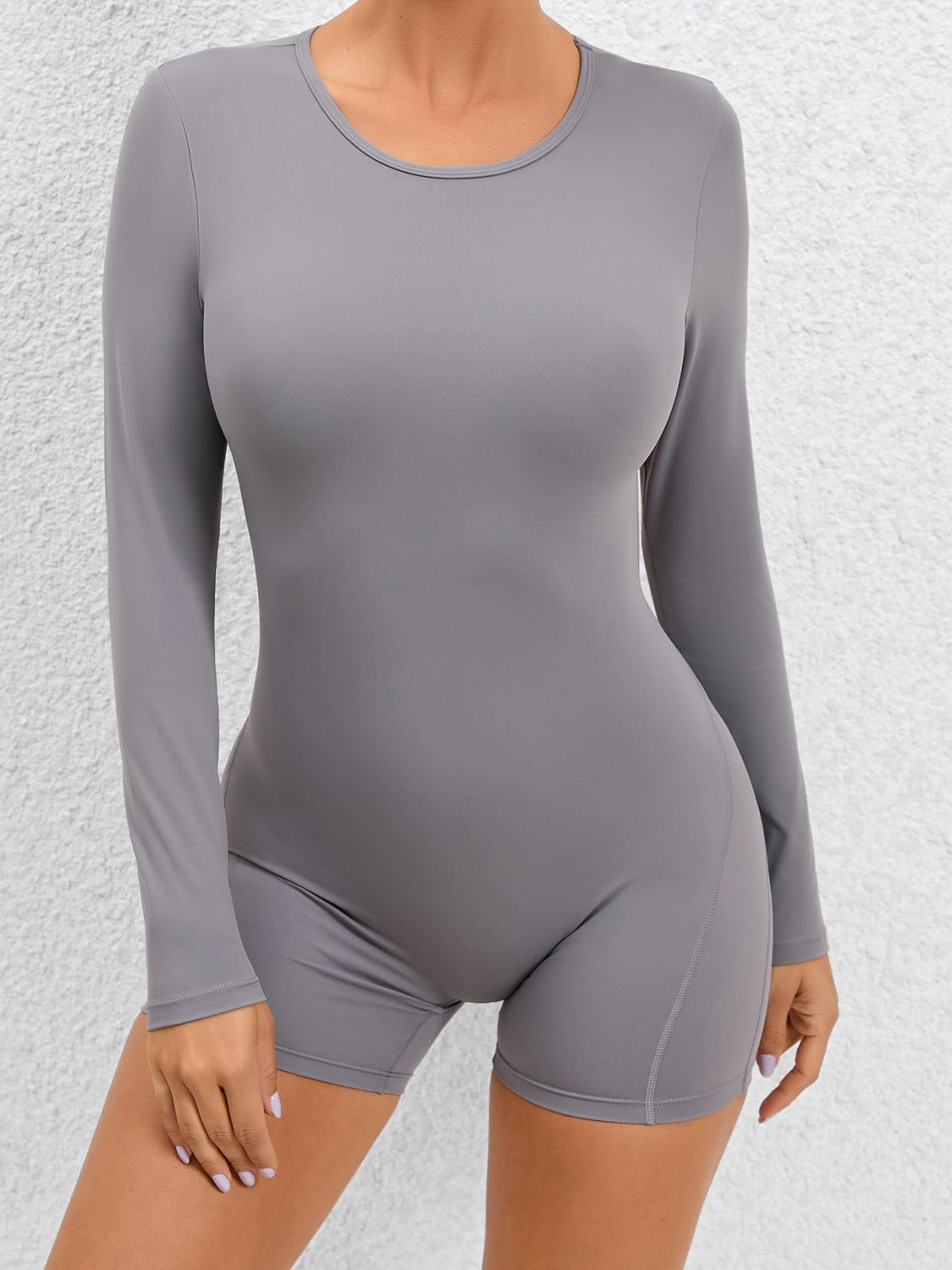 Sunset and Swim  Cutout Round Neck Long Sleeve Active Romper  Sunset and Swim Heather Gray S 