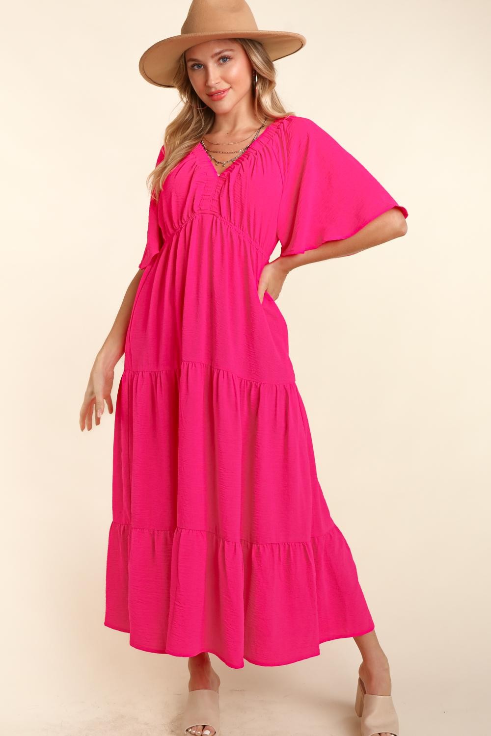 Sunset Vacation Tiered Babydoll Maxi Dress with Side Pocket Sunset and Swim Hot Pink S 