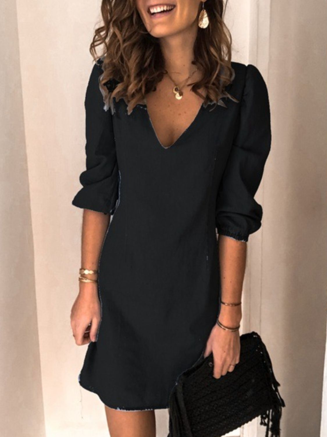 Full Size V-Neck Half Sleeve Denim Dress  Sunset and Swim Black S 