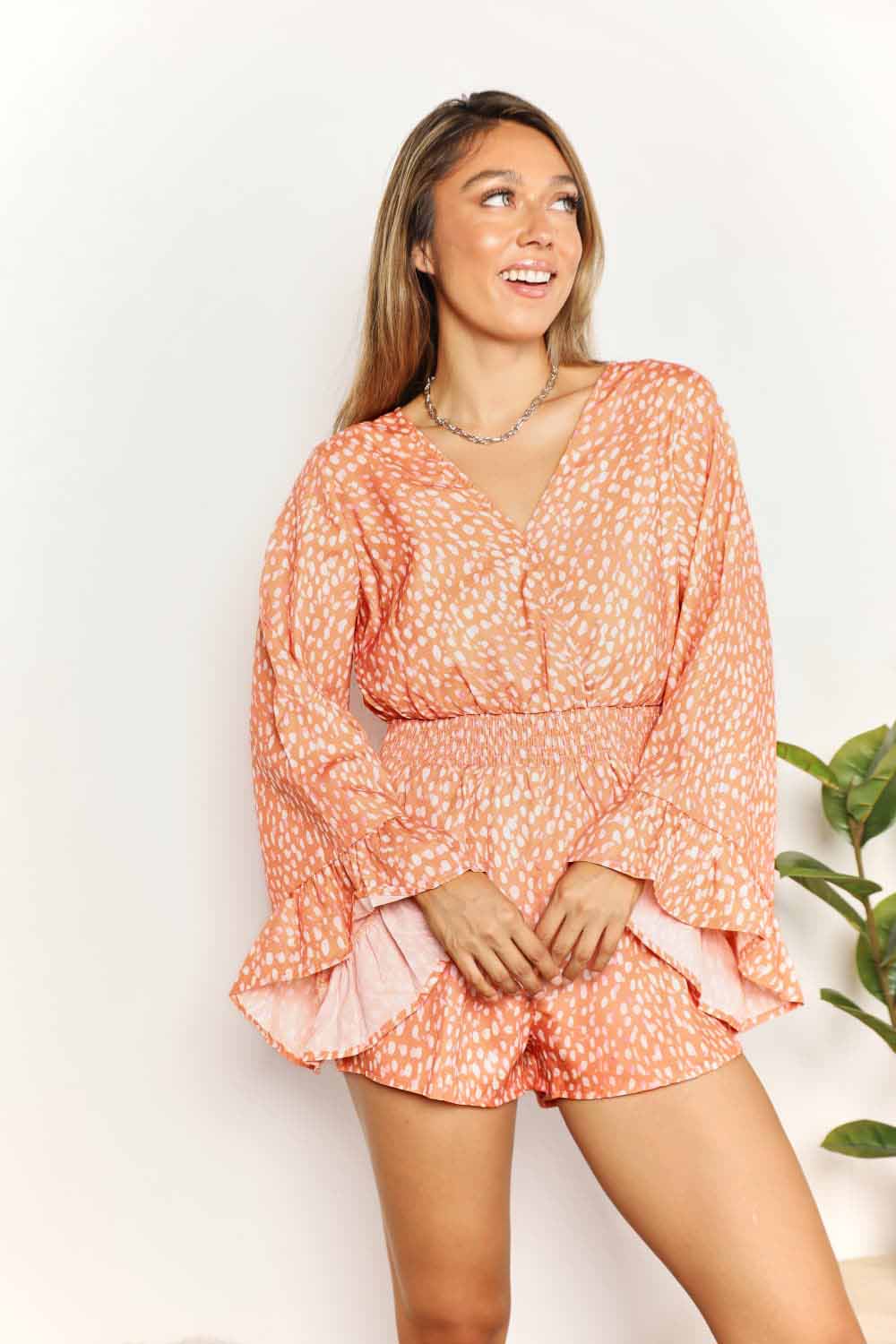 Double Take Printed Flare Sleeve Surplice Romper  Sunset and Swim   