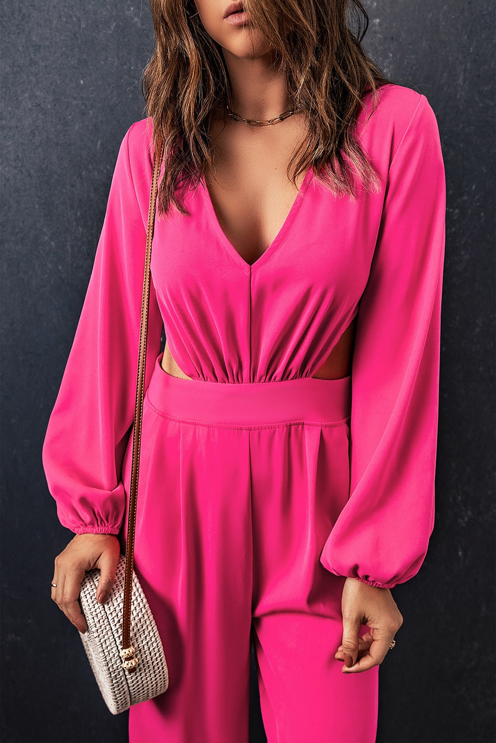 Balloon Sleeve Cutout Plunge Jumpsuit Sunset and Swim   