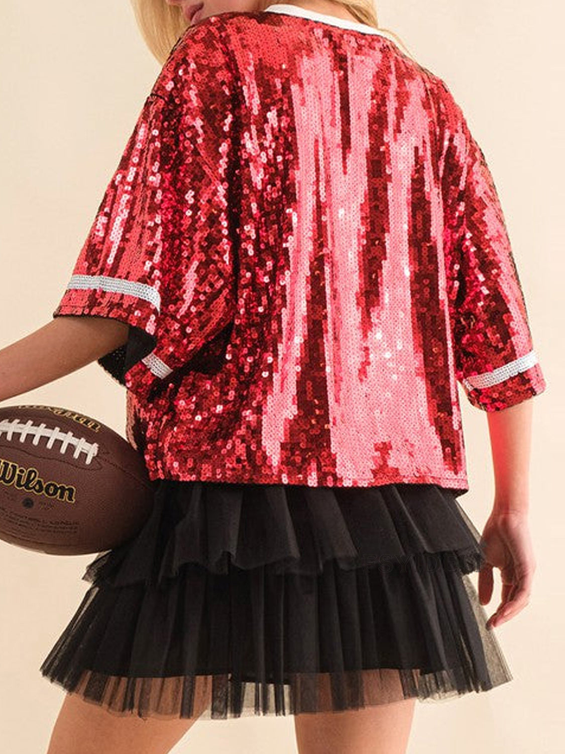 Sequin Football Round Neck Half Sleeve Top Sunset and Swim   