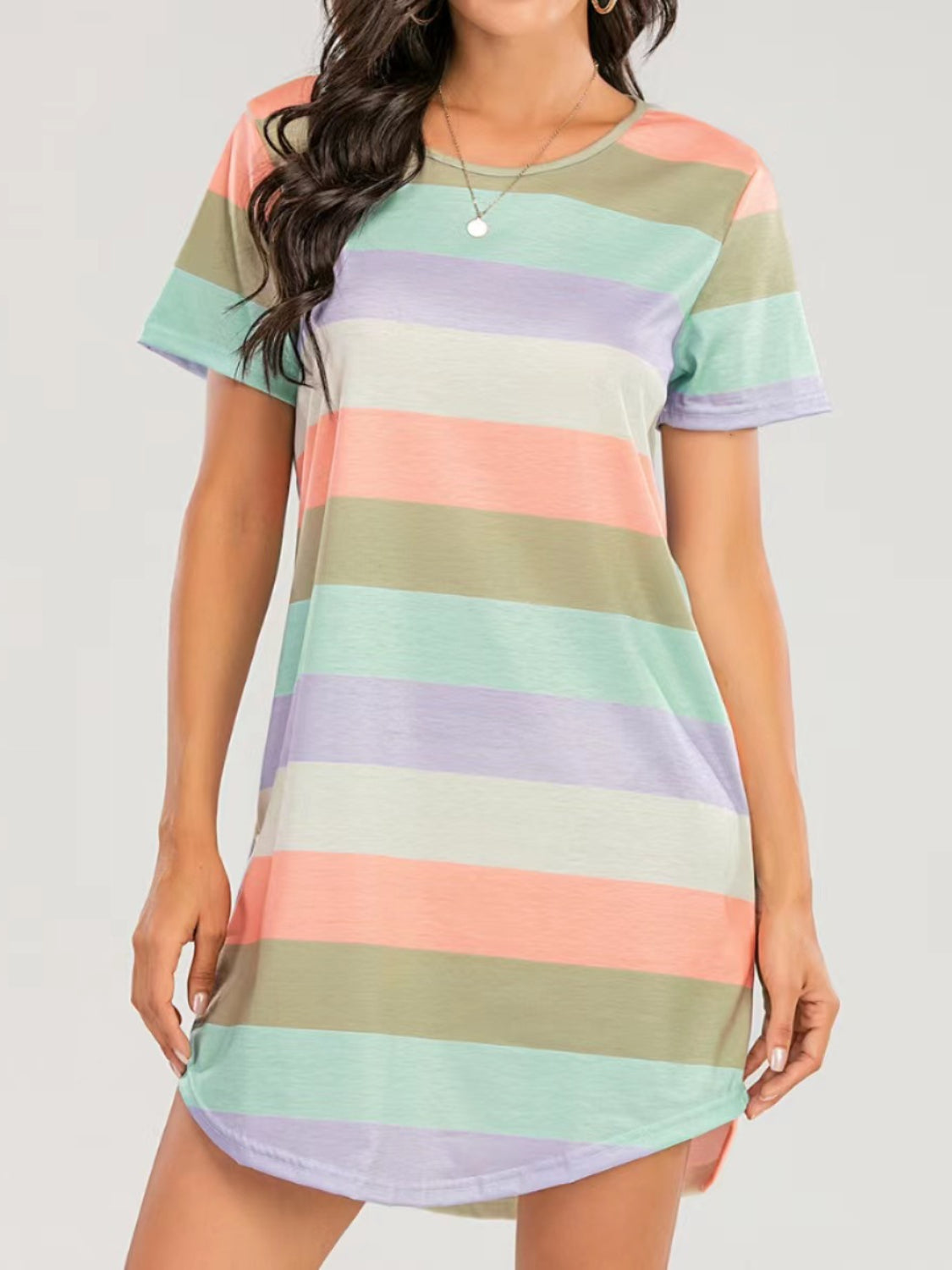 Sunset and Swim  Striped Round Neck Short Sleeve Tee Dress Sunset and Swim Matcha Green S 