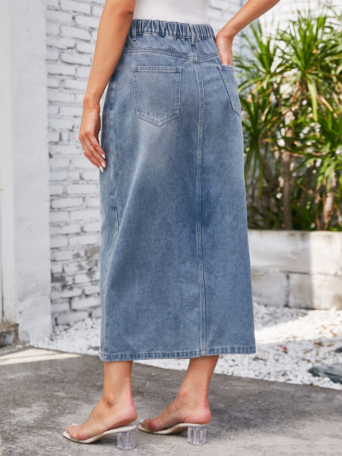 Slit Midi Denim Skirt with Pockets Sunset and Swim   