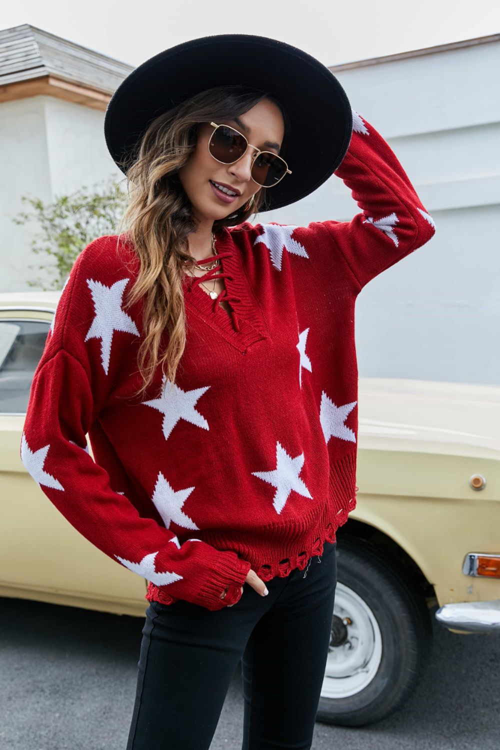 Star Pattern Lace-Up Drop Shoulder Sweater Sunset and Swim Red S 