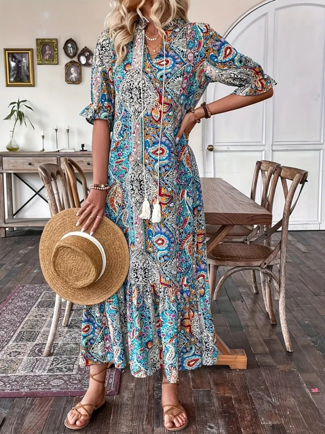 Printed Tie Neck Flounce Sleeve Midi Dress Sunset and Swim   