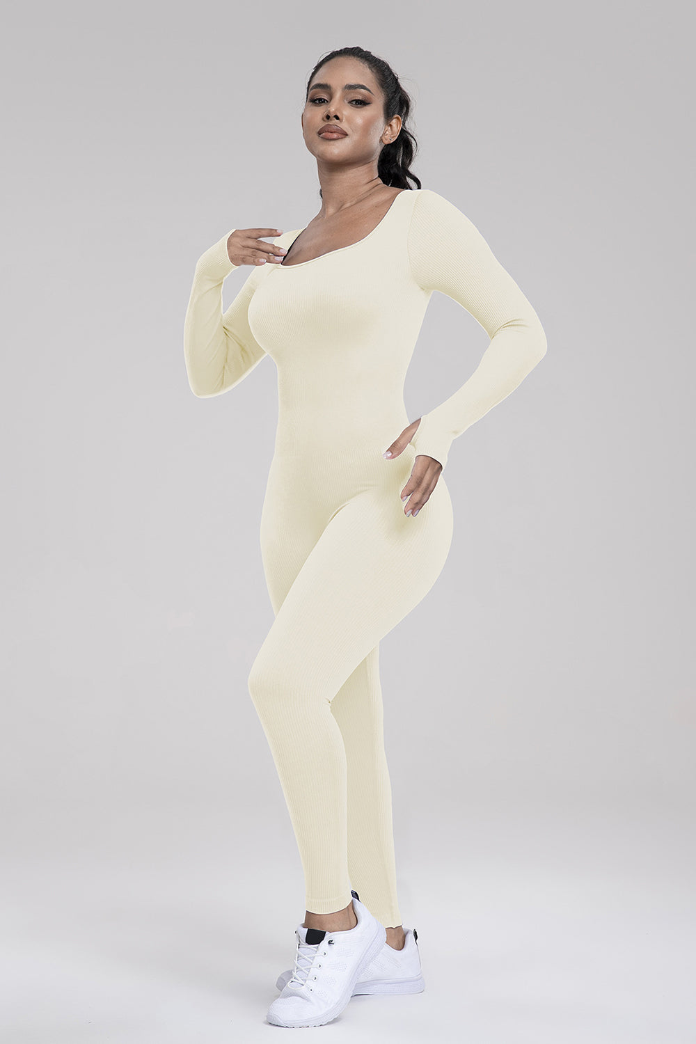 Square Neck Long Sleeve Active Jumpsuit Sunset and Swim   