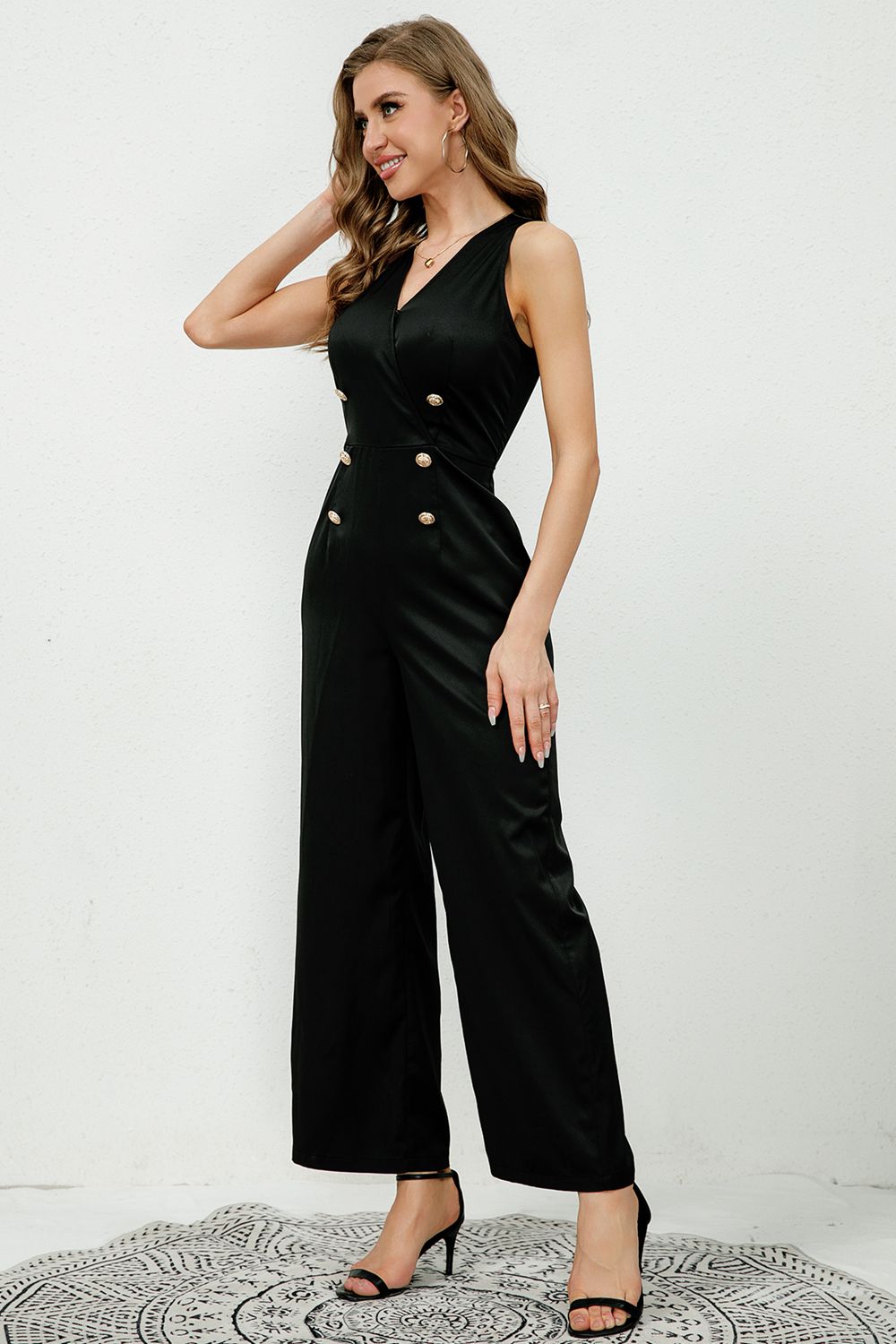 V-Neck Sleeveless Decorative Buttons Jumpsuit Sunset and Swim   