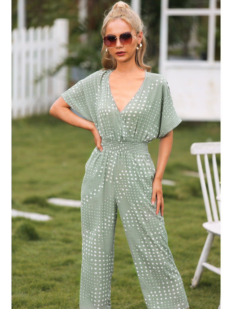 Polka Dot Surplice Neck Jumpsuit with Pockets Sunset and Swim   