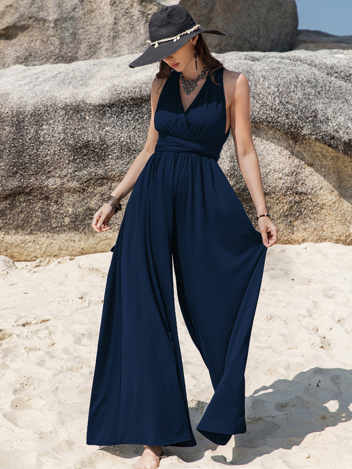 Surplice Wide Leg Jumpsuit with Free Tie Sunset and Swim   