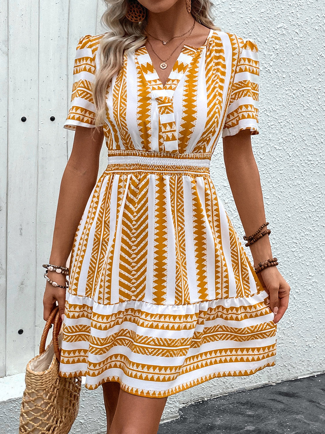 Geometric Notched Short Sleeve Mini Dress Sunset and Swim Mustard S 