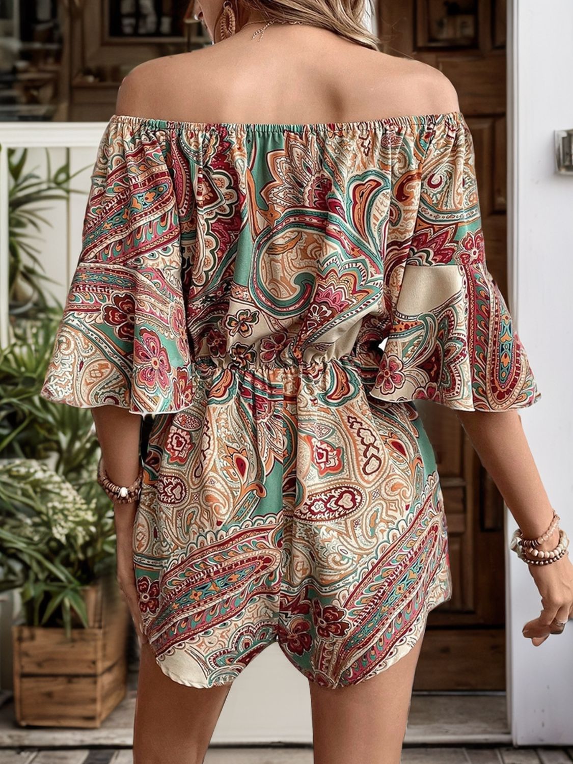 Printed Off Shoulder Half Sleeve Romper Sunset and Swim   