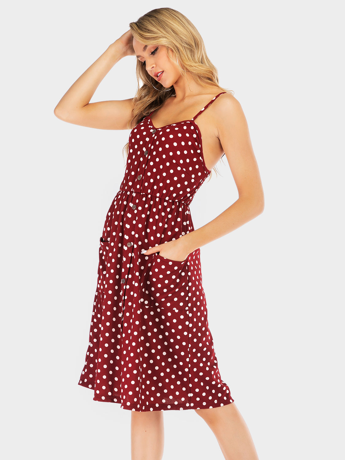 Sunset Vacation Perfee Polka Dot Sweetheart Neck Dress with Pockets Sunset and Swim   