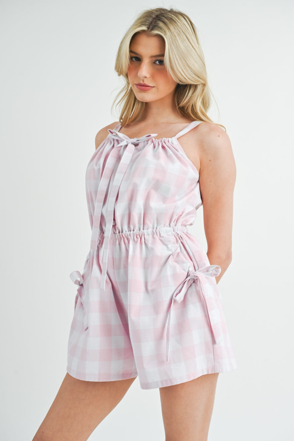 MABLE Plaid Sleeveless Button Down Romper Sunset and Swim   