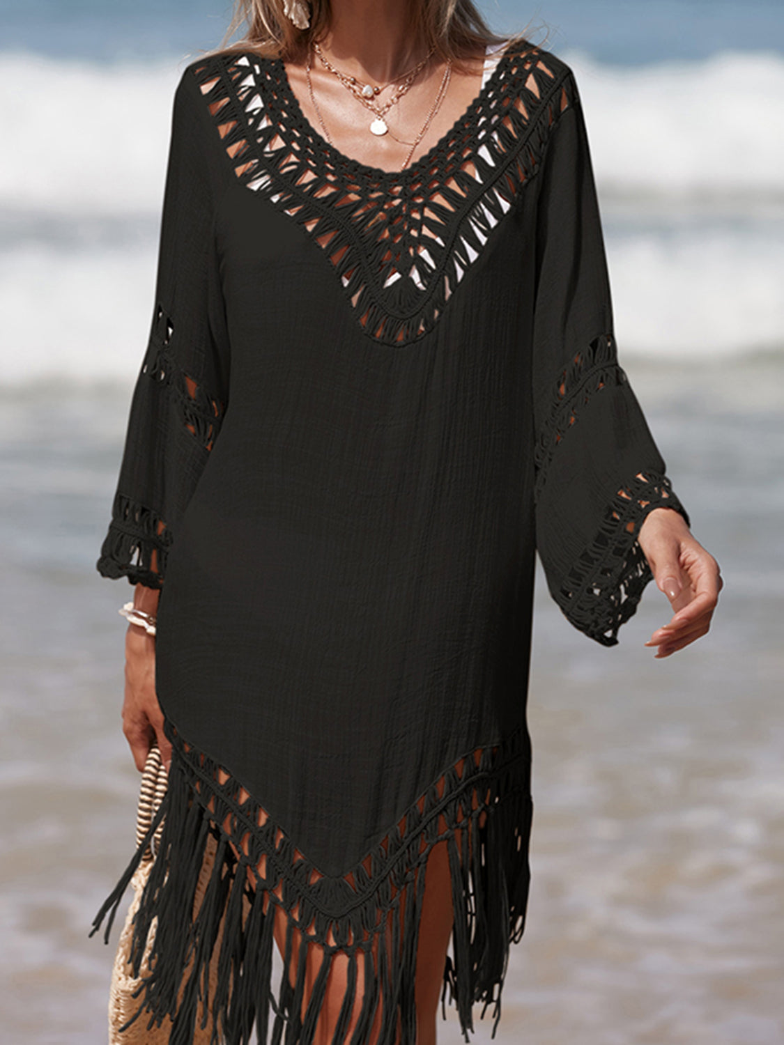 Sunset Vacation  Cutout Fringe Scoop Neck Beach Cover Up Sunset and Swim   