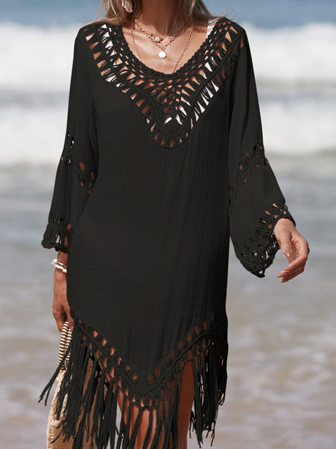 Sunset Vacation  Cutout Fringe Scoop Neck Beach Cover Up Sunset and Swim Black One Size 