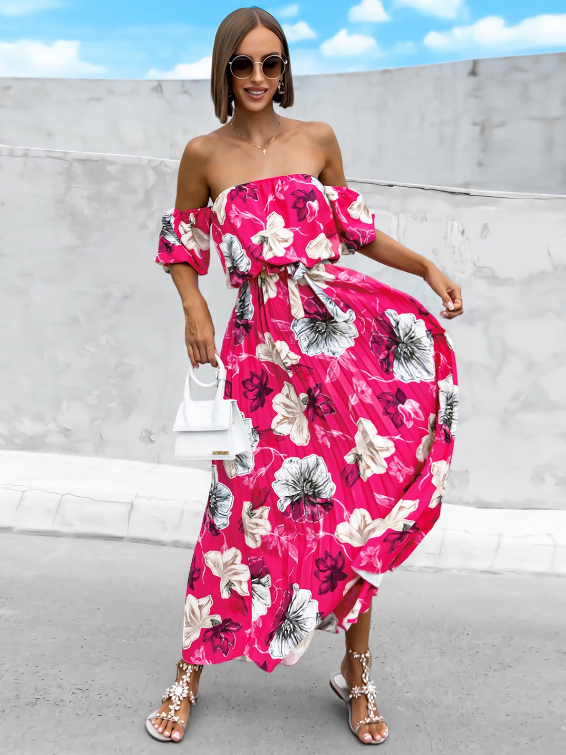 Sunset Vacation Pleated Floral Off-Shoulder Short Sleeve Midi Dress Sunset and Swim Hot Pink S 