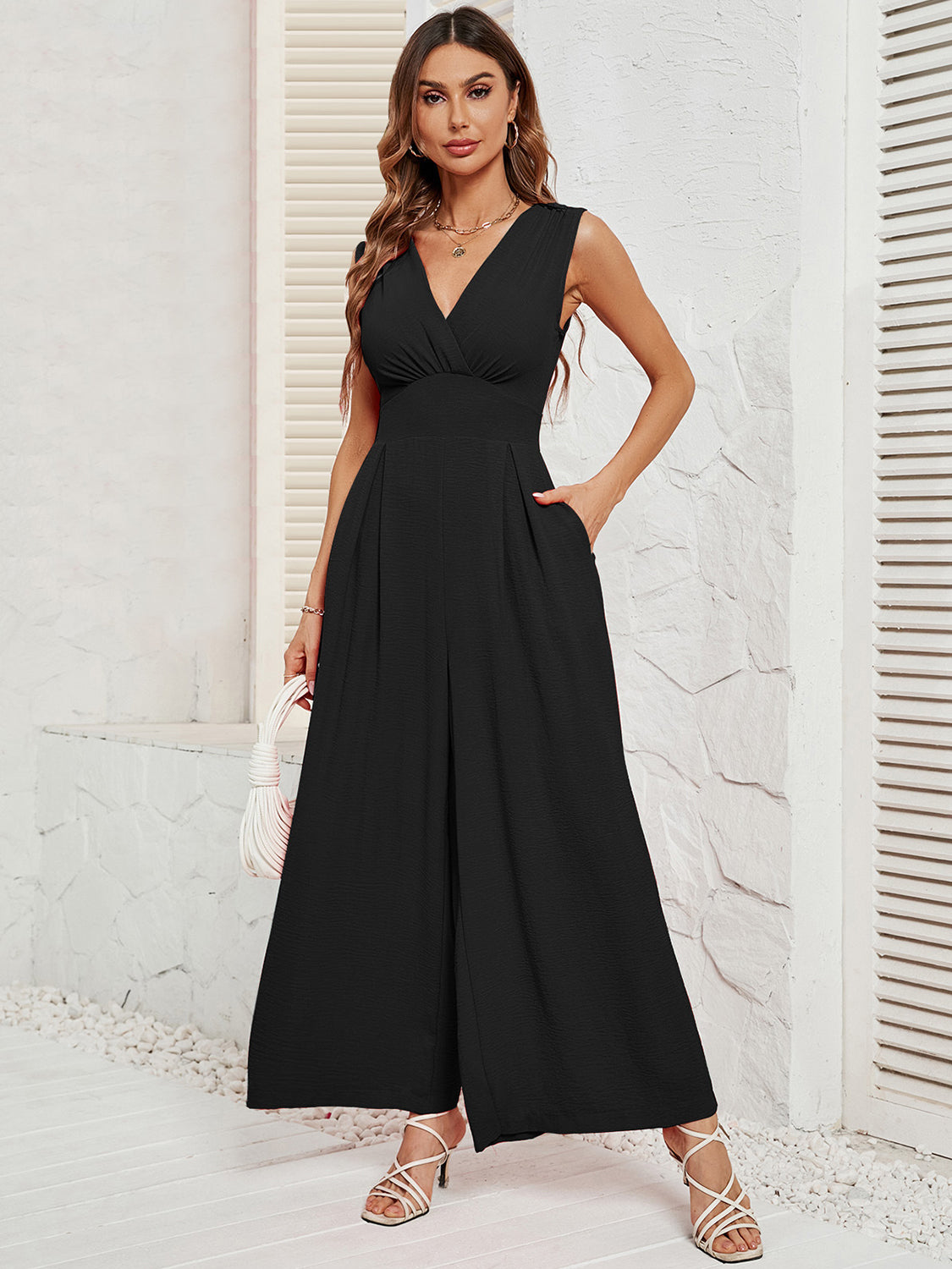 Sunset and Swim  Surplice Wide Strap Jumpsuit with Pockets Sunset and Swim   