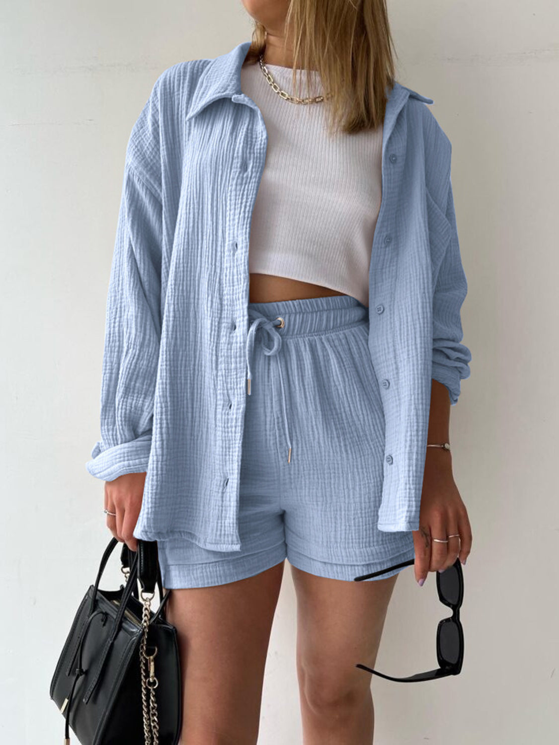 Sunset Vacation  Texture Button Up Shirt and Drawstring Shorts Set Sunset and Swim Misty  Blue S 