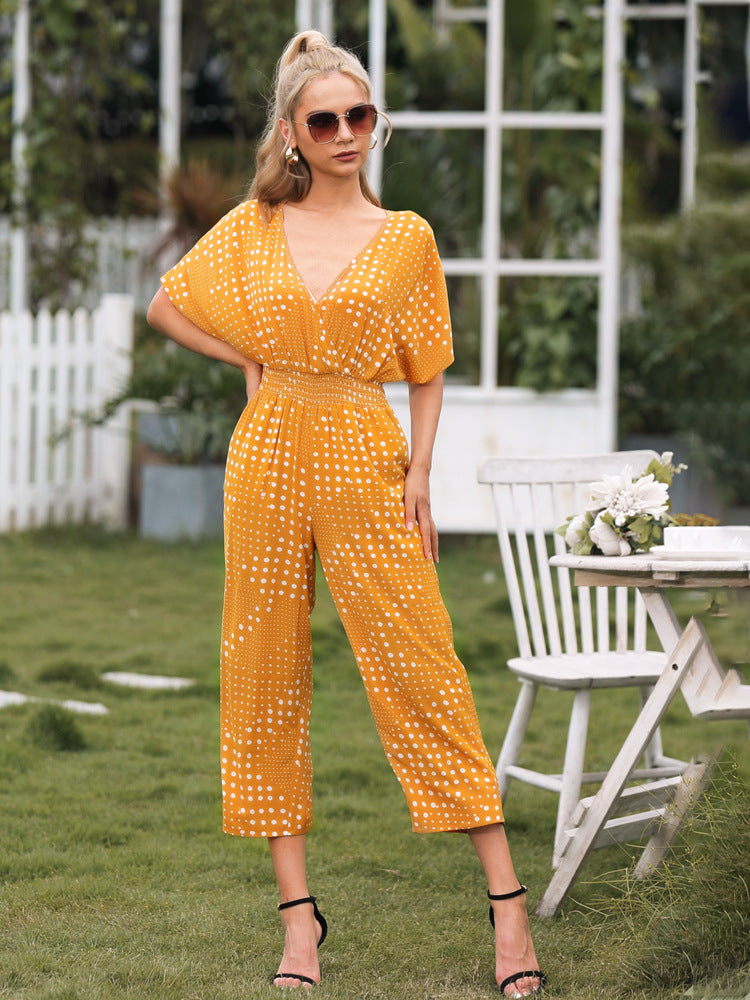 Polka Dot Surplice Neck Jumpsuit with Pockets Sunset and Swim   