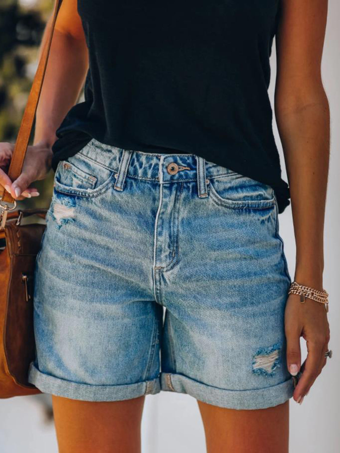 Distressed Denim Shorts with Pockets Sunset and Swim   