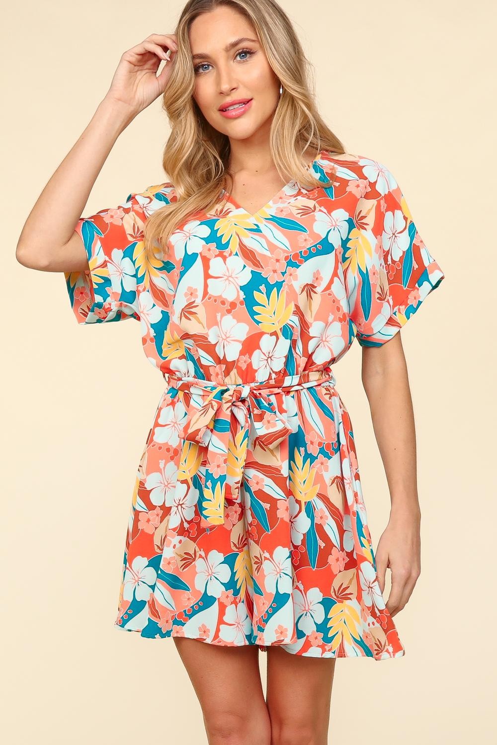 Haptics Tropical Floral Short Sleeve Tied Romper Sunset and Swim   