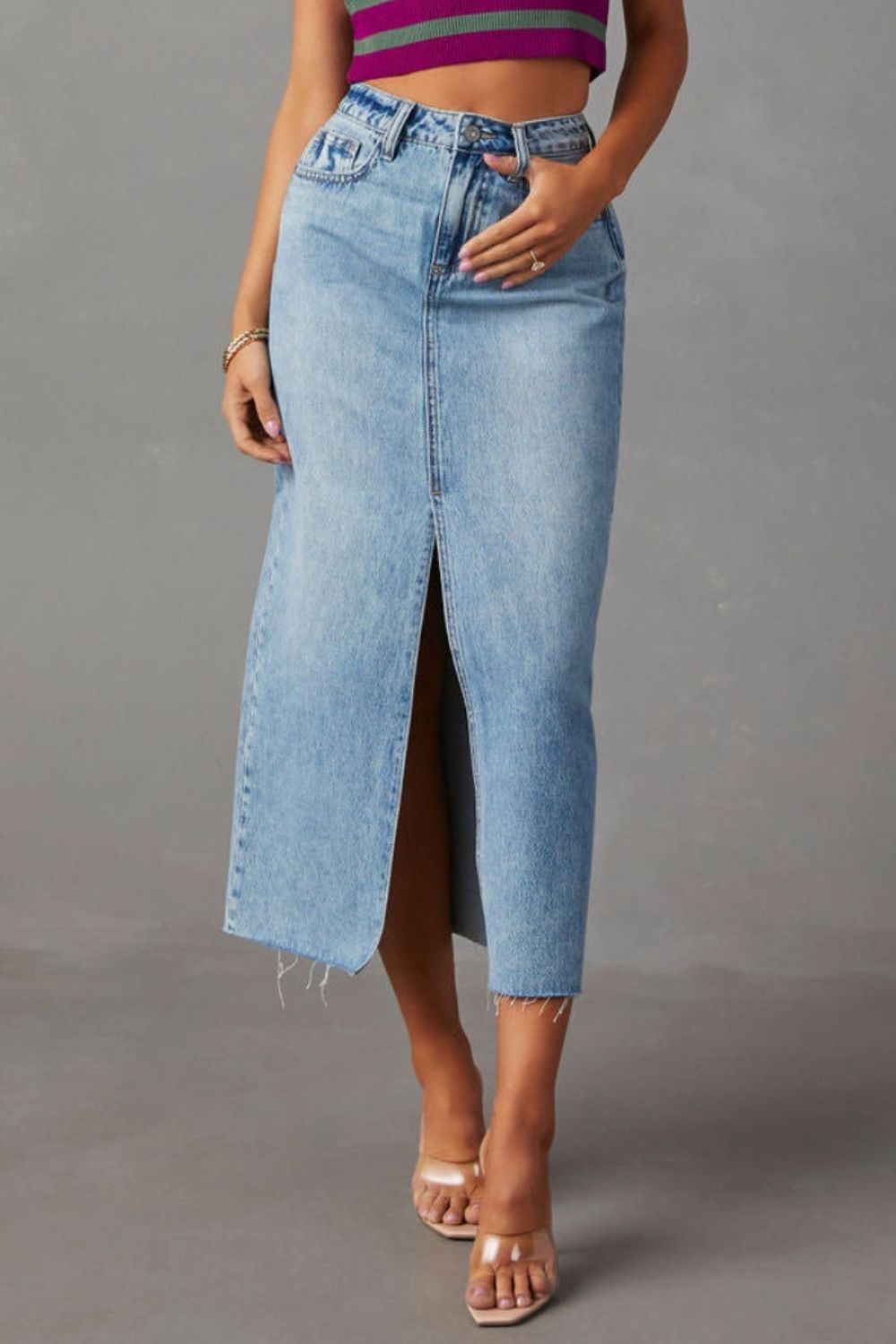 Slit Raw Hem Midi Denim Skirt  Sunset and Swim   