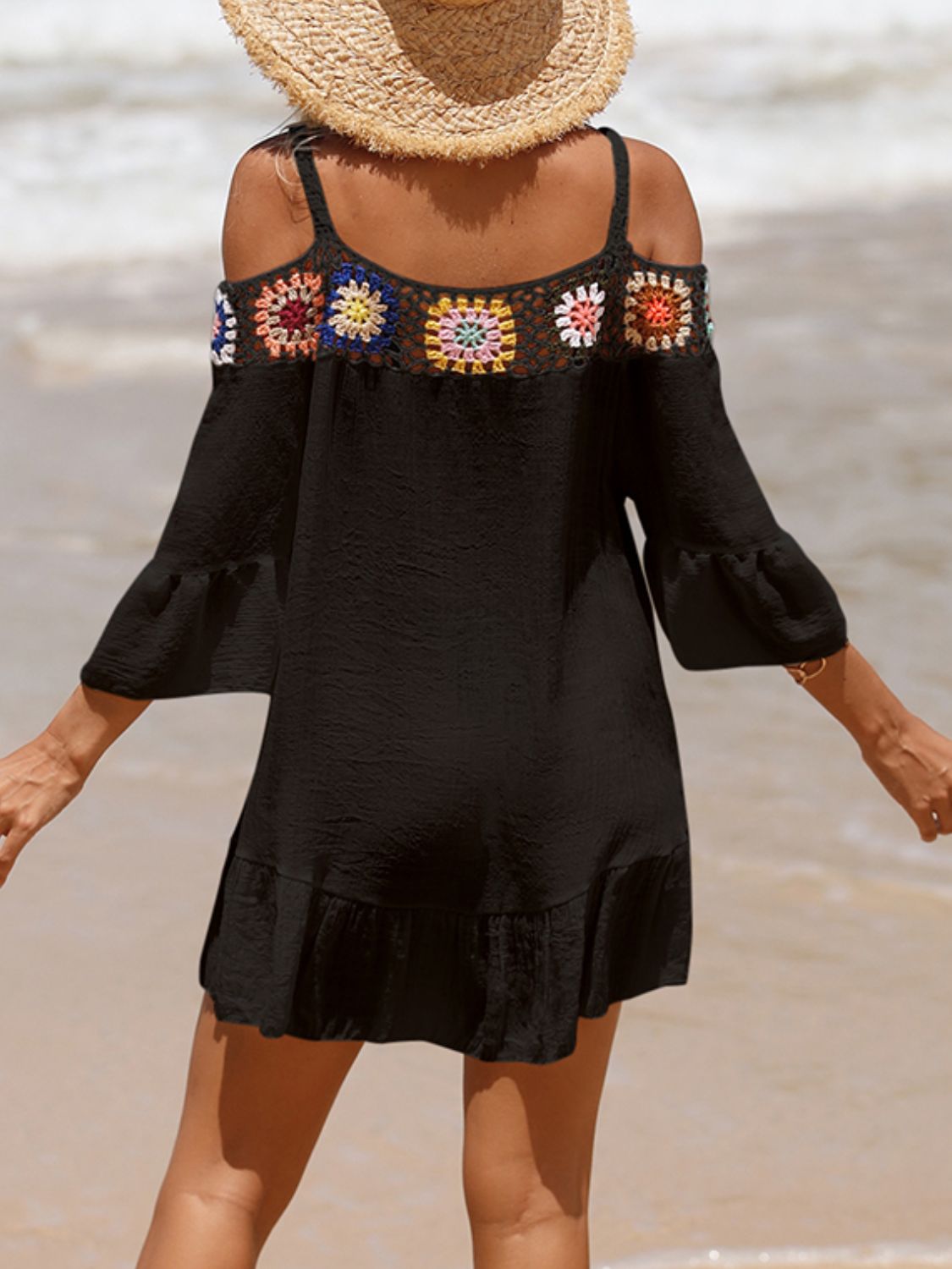 Sunset Vacation  Crochet Cold Shoulder Three-Quarter Sleeve Beach Cover Up Sunset and Swim   