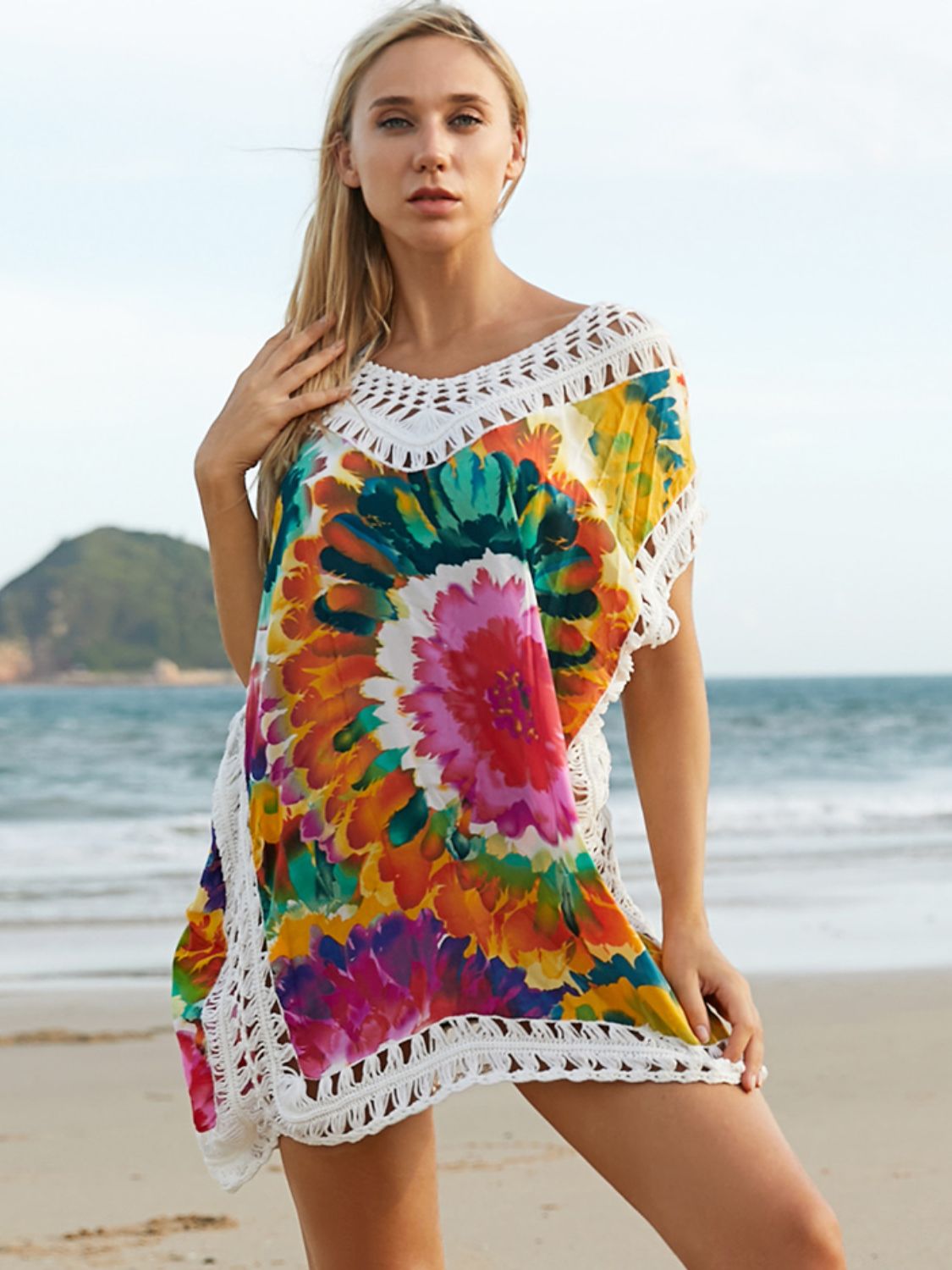 Sunset and Swim  Openwork Printed Round Neck Beach Cover Up Sunset and Swim Deep Red One Size 