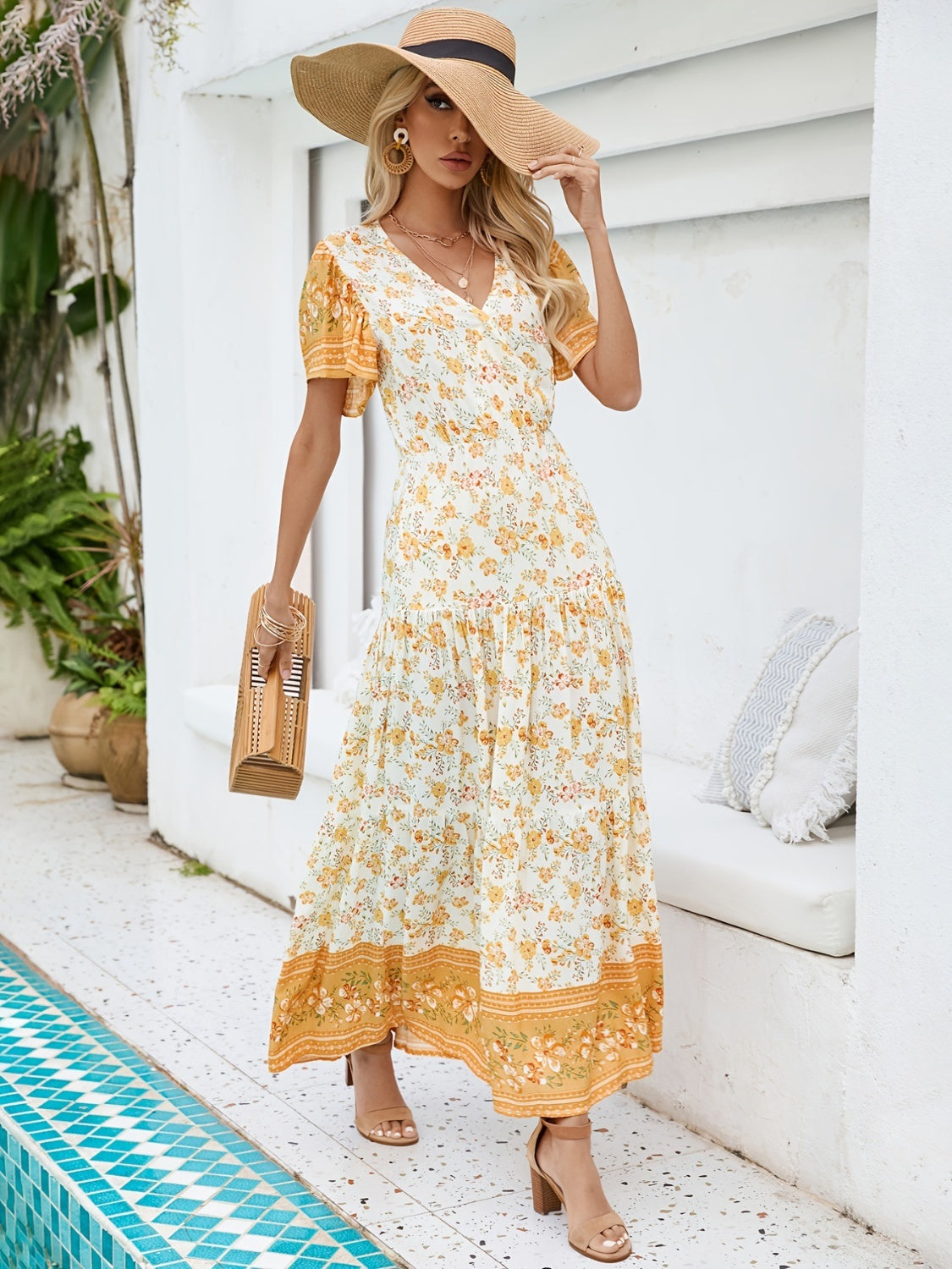 Printed Surplice Short Sleeve Maxi Dress Sunset and Swim   