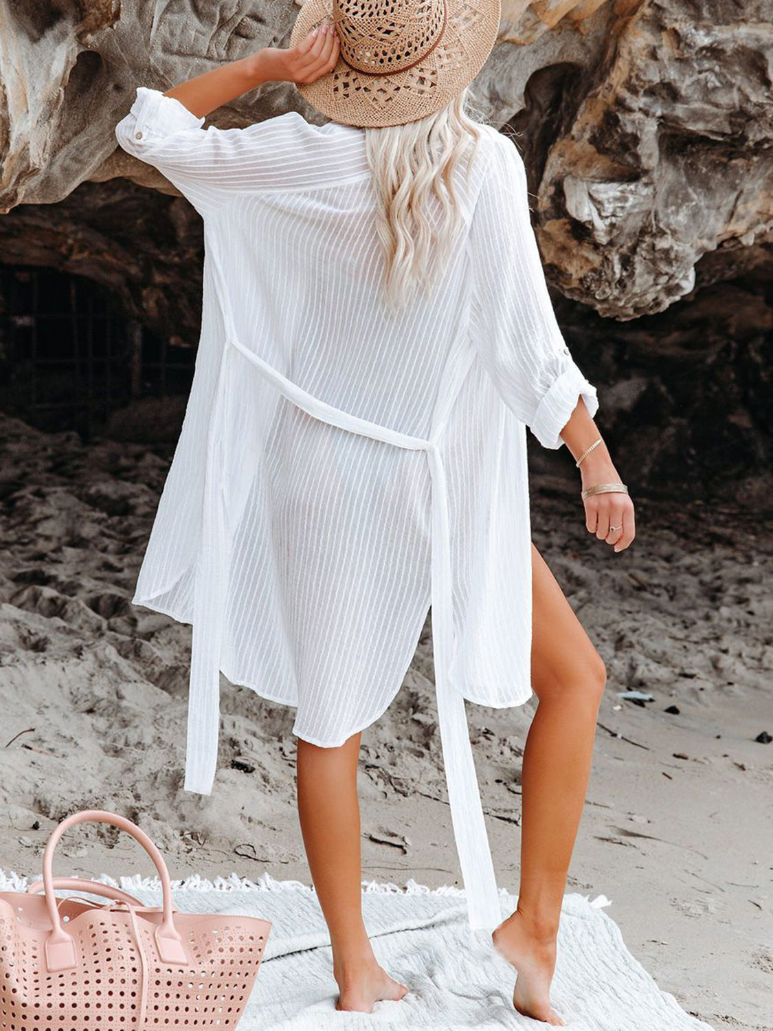 Sunset Vacation  Button Up Roll-Tab Sleeve Cover-Up  Sunset and Swim   