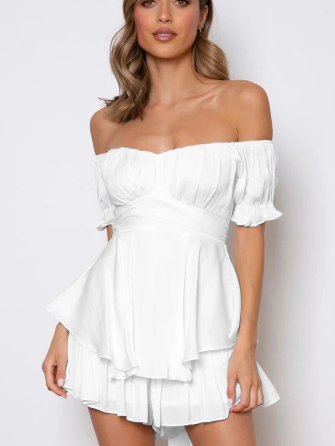 Off Shoulder Flounce Sleeve Romper Sunset and Swim White S 