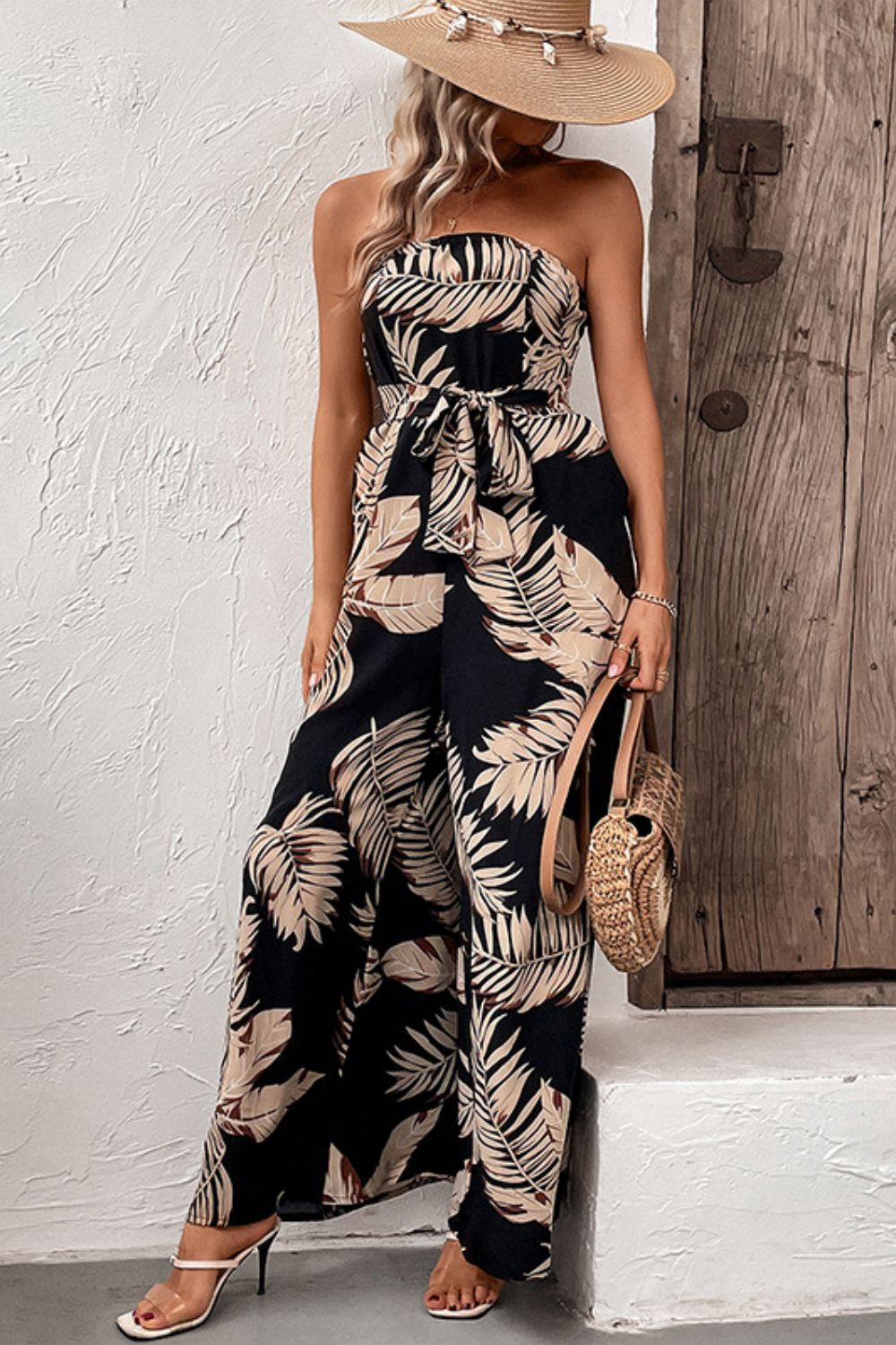 Printed Strapless Wide Leg Jumpsuit with Pockets  Sunset and Swim   