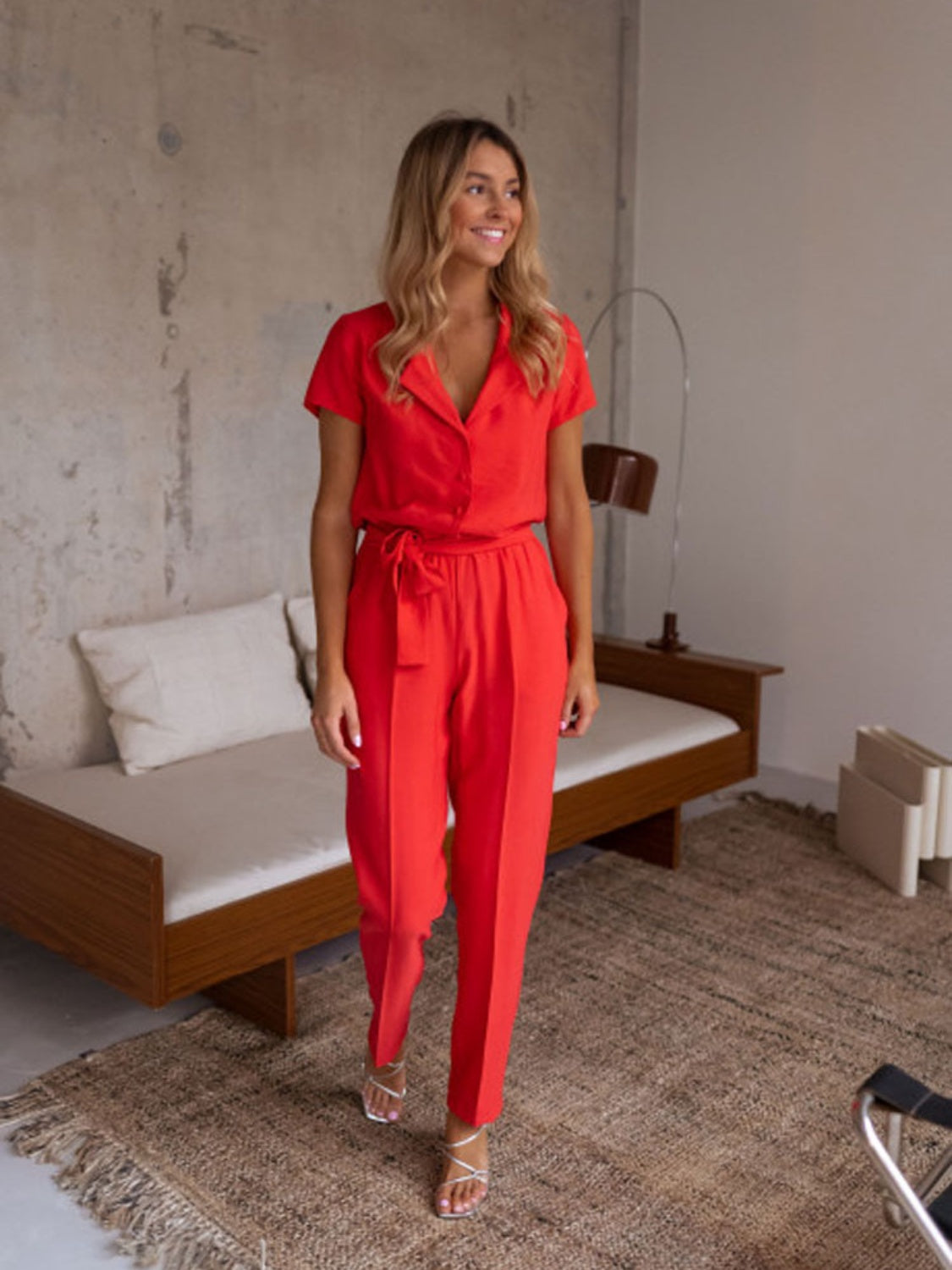 Sunset and Swim  Tied Collared Neck Short Sleeve Jumpsuit Sunset and Swim   