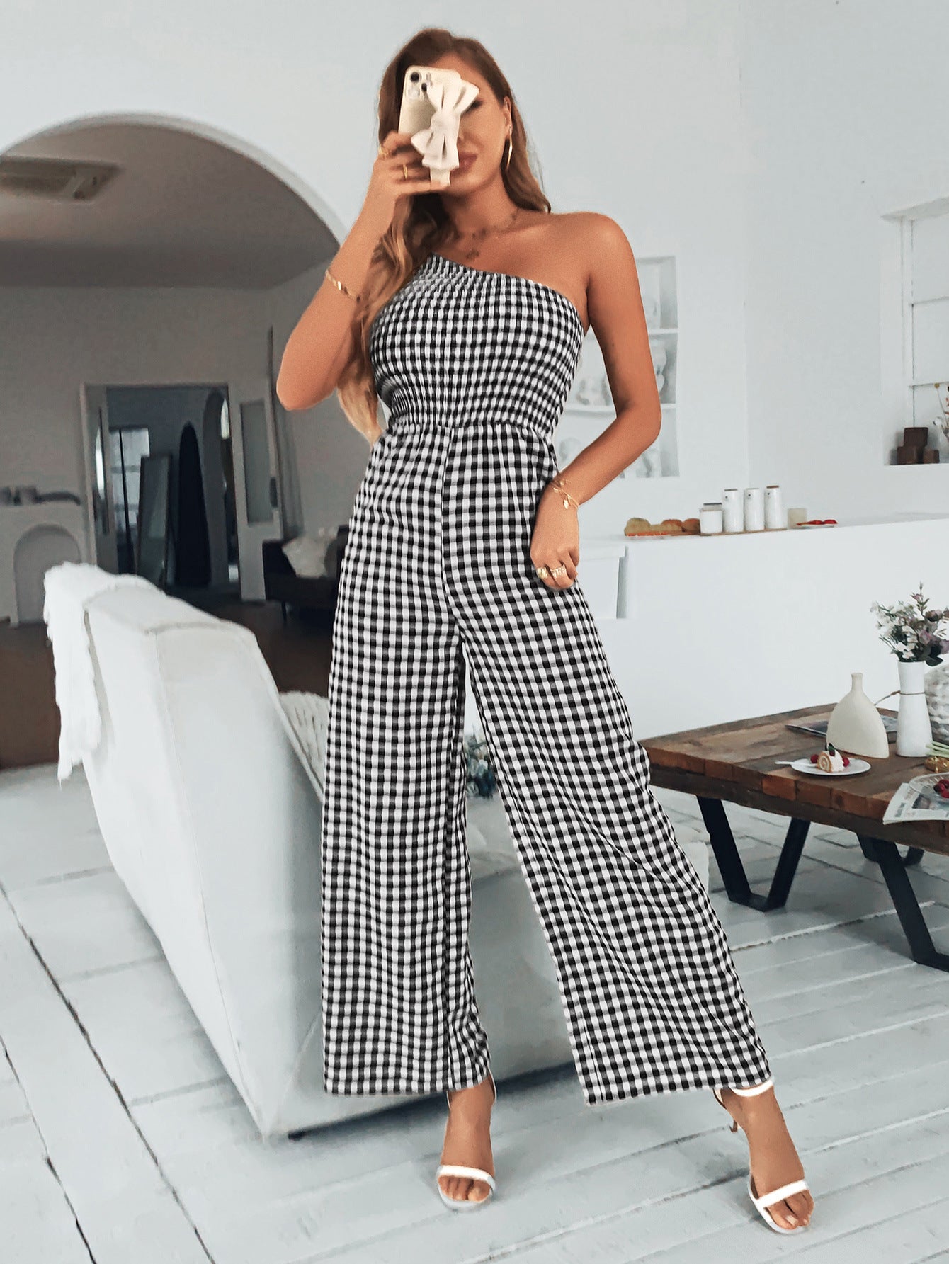 Plaid One-Shoulder Wide Leg Jumpsuit with Pockets  Sunset and Swim   