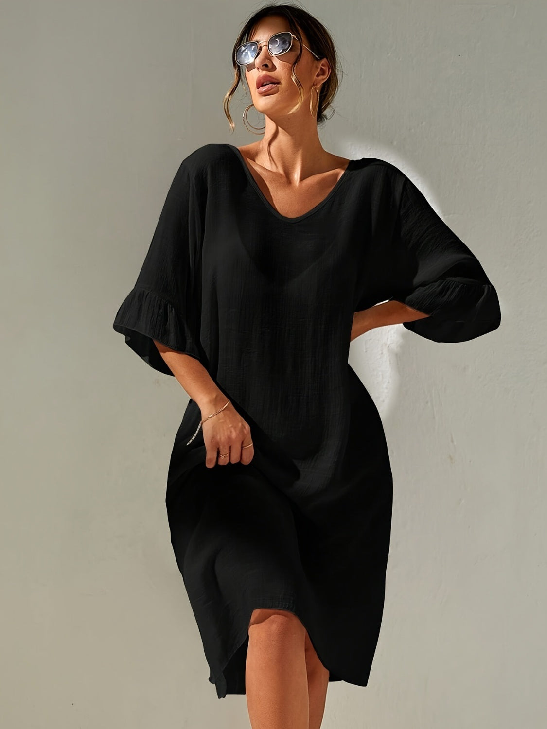 Slit V-Neck Flounce Sleeve Cover-Up Sunset and Swim Black S 